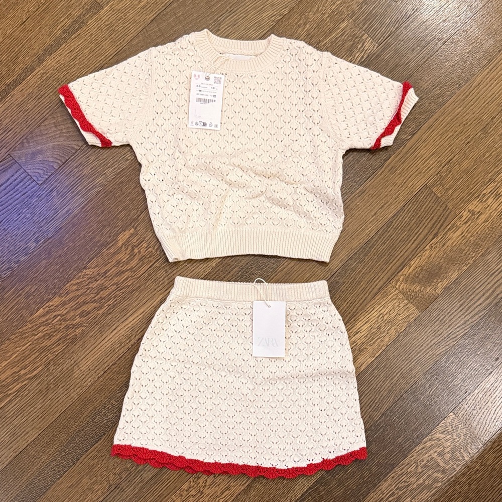Zara Cream Knit Two-Piece Set with Red Trim